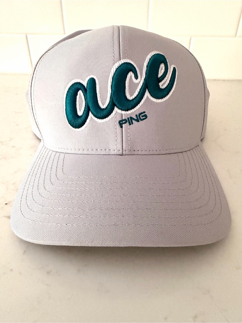 NEW PING ‘Ace' Adjustable Baseball Cap Light Gray with Dark Teal Embroidery